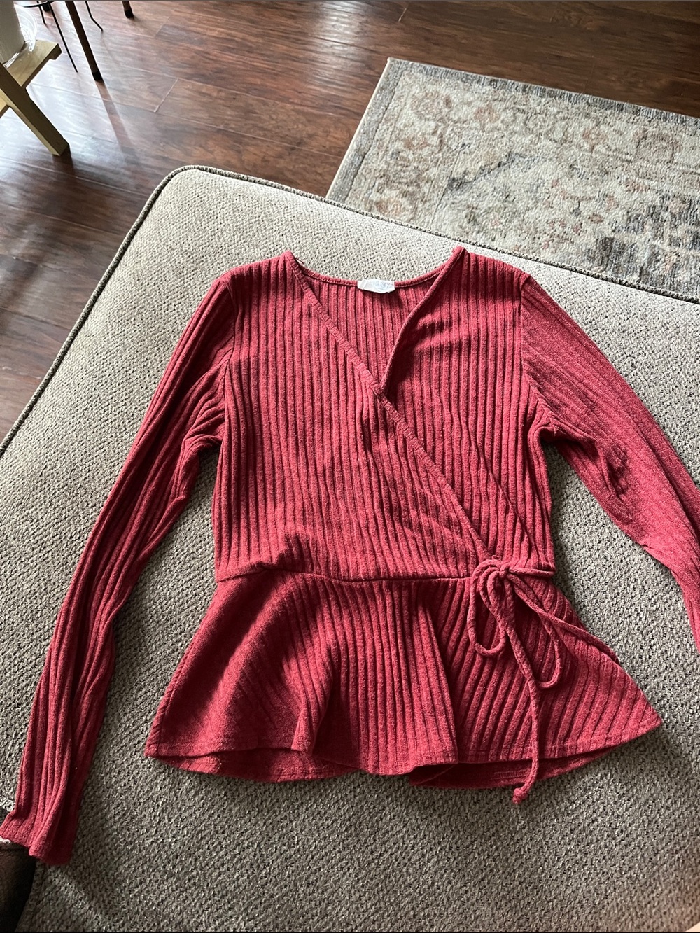 Sienna Sky Ribbed Wrap Peplum Top - Brick Red